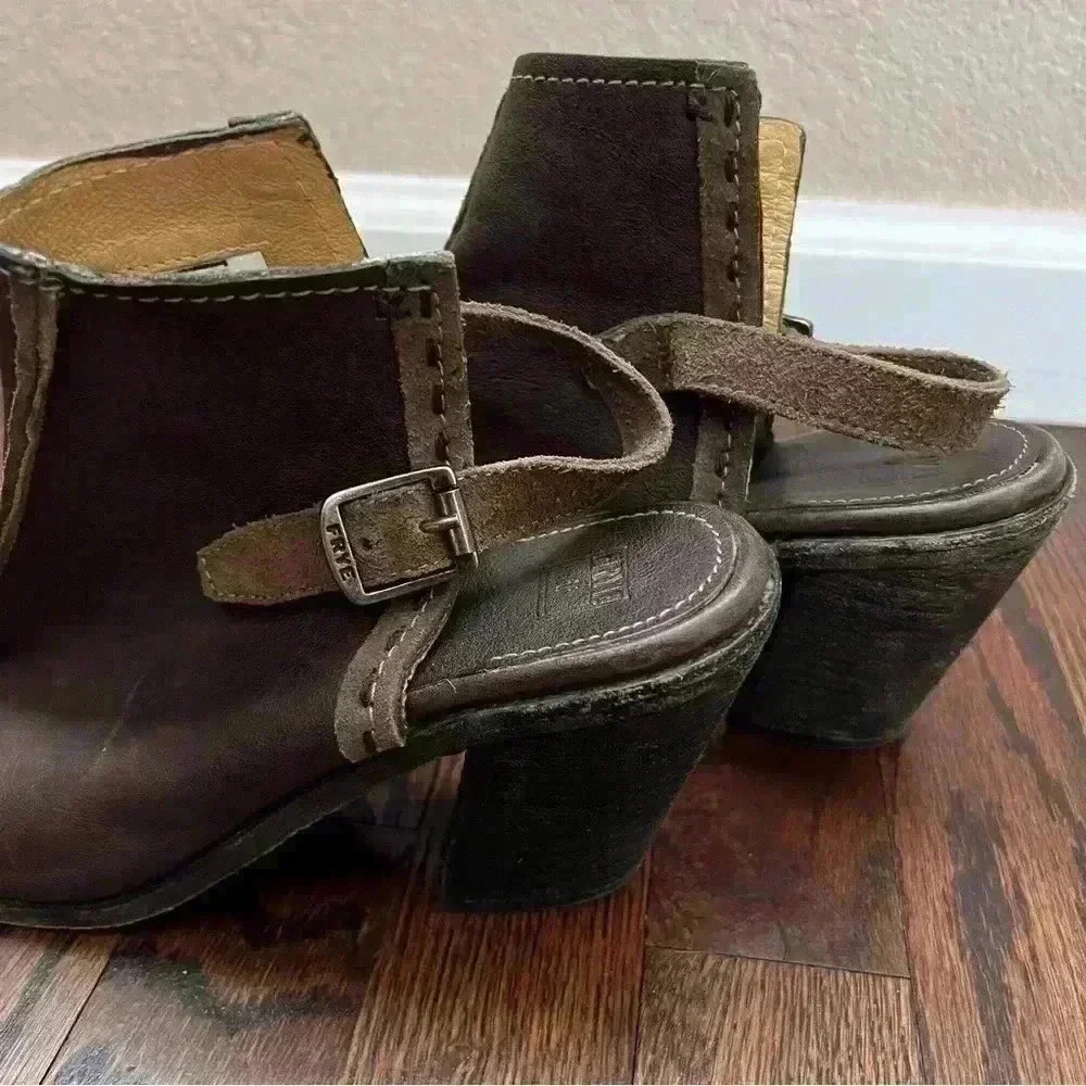 Frye Izzy Artisan Peep Toe Mule Booties Wm Sz 9 B Brown Leather Slingback Sandal